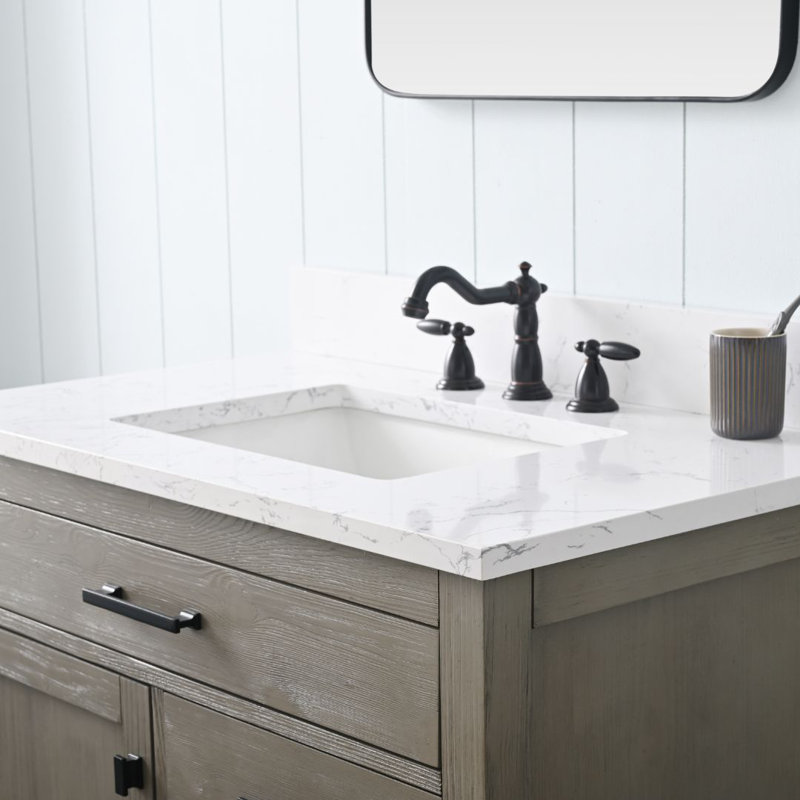 Ensemble de meuble-lavabo simple 36 po Ajiya, Gris texturé / noir mat, Blanc de Carrare
