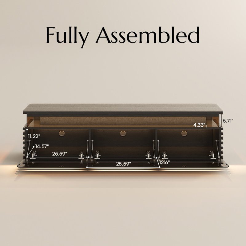 Meuble télé 79 po à lattes horizontales avec lumières DEL réglables, console multimédia moderne Mid-Century, rangement ventilé, noir, pour téléviseur de 65 à 75 po, entièrement assemblé