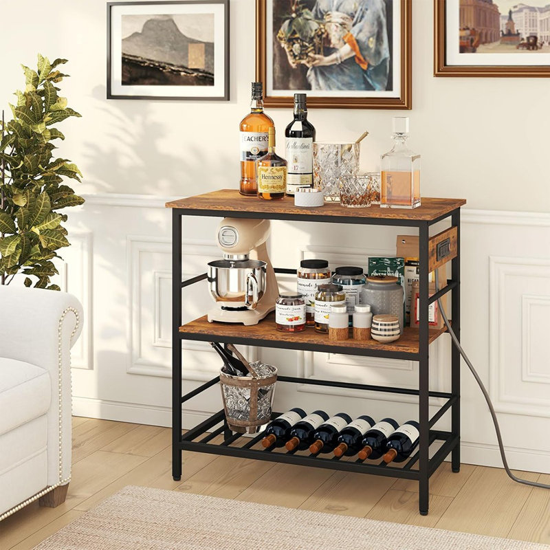 Îlot de cuisine avec rangement et prise de courant, support pour micro-ondes et support à boulanger avec grand plan de travail, chariot-bar roulant pour la cuisine, la maison ou l'extérieur (brun rustique et noir)