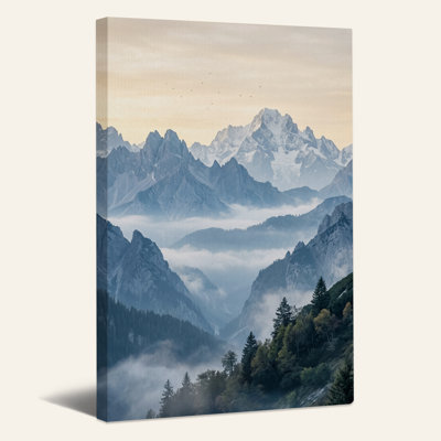 Tableau sur toile représentant des sommets enneigés surplombant une vallée forestière