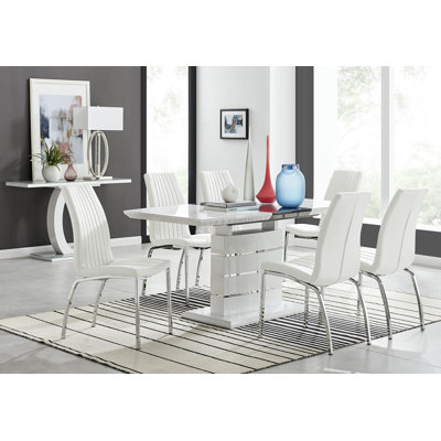 Ensemble de salle à manger extensible haute brillance Everson avec 6 chaises de salle à manger rembourrées en similicuir