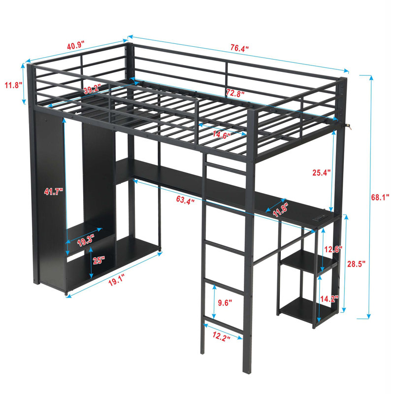 Lit mezzanine en métal avec bureau intégré et rangement