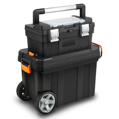 2-Tier Stackable Tool Box Trolley Heavy-Duty Portable Tool Storage With Extendable Handle