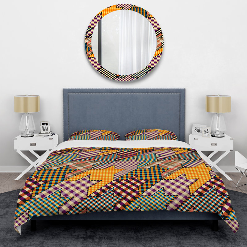 Ensemble de housse de couette à motif brun et jaune Patchwork, Housse de couette simple + 1 taie décorative stan