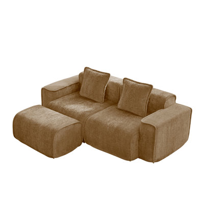 Streamlined Design Modular 2 Seat L Shape Sectional Boneless Sofa With French Edge Piping, No Assembly Required, 2-Seat Sofa Couch With Throw Pillows And 1 Movable Ottoman, Velvet Fabric Brown