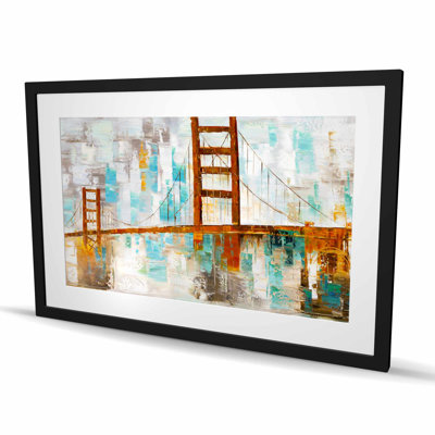 Golden Gate avec taches de peinture turquoise | Reproduction encadrée avec passe-partout