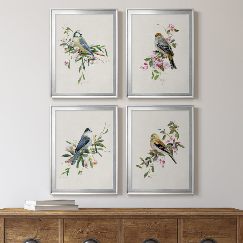 «Spring Song Blue Bird», ensemble de 4 peintures sur toile encadrées, Argent, H 18,5 po x l 98 po x P 1,5 po