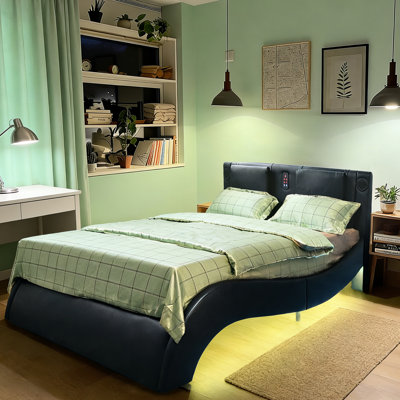 Faux Leather King - Sized Bed Frame With Led Lighting, Music Connection, Massage Three Gear Intensity And 30 Minute Timer, Curve Design, Wood Slat Support, Built In Speakers, Colorful Lights,