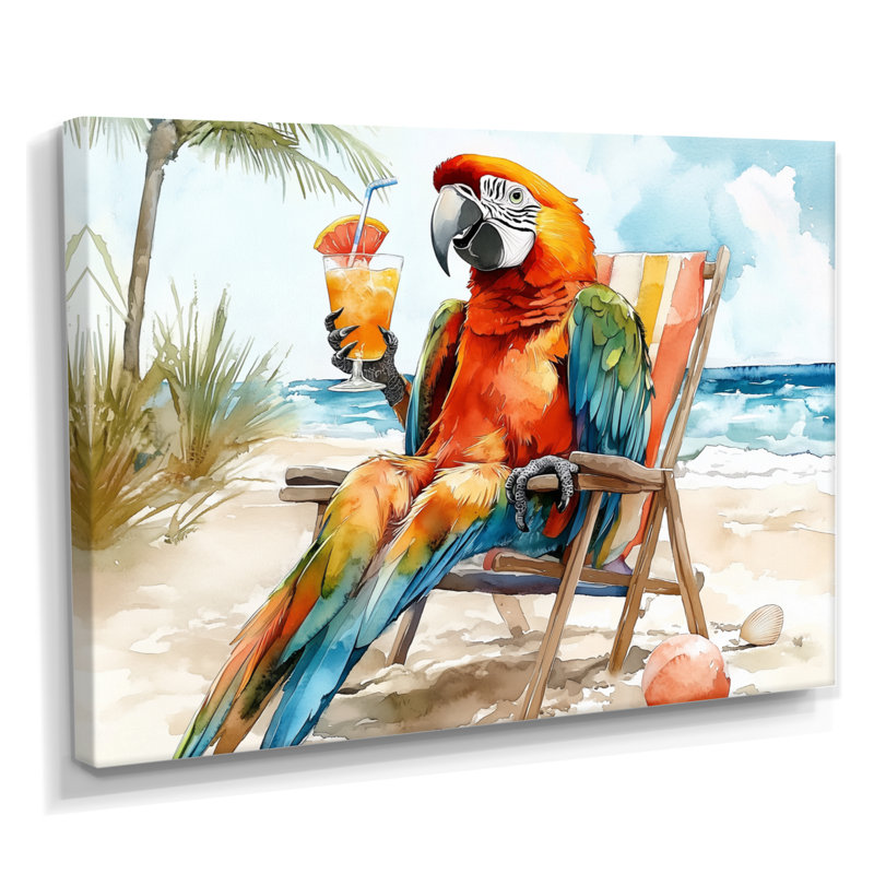 Chaise longue perroquet sur une plage - araignée, art mural, H 34 po x l 44 po x P 1,5 po, Toile tendue