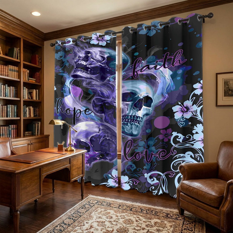 2 pièces de rideaux à imprimé crâne gothique, drapé à motif artistique décoratif, panneau de fenêtre à motif floral avec œillets, décoration pour le salon de la chambre à coucher