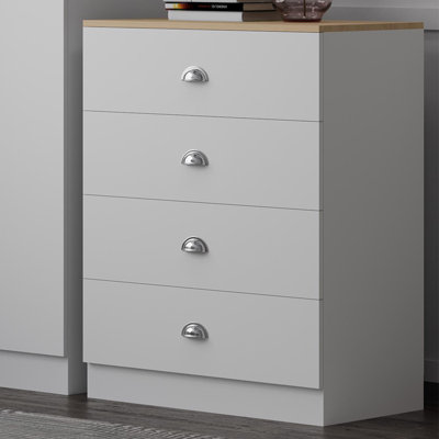 Lorola 4 Drawer Chest Of Drawers. 70cm Wide. Matt Finish, Oak Effect Top. Polished Chrome Cup Handles