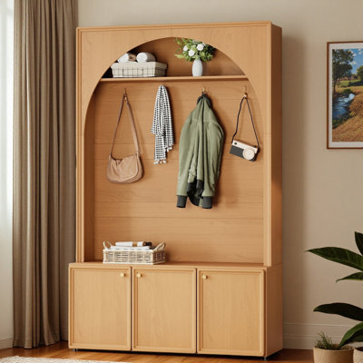 Portemanteau arqué rétro avec tablettes réglables, banc, armoires, portemanteau et tablettes ouvertes