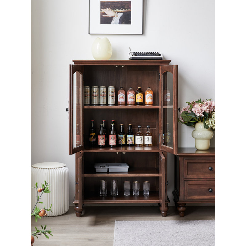 Functional Walnut Storage Cabinet with Glass Doors