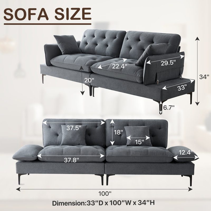 75.6'' Upholstered Deep Sofa with Foldable Armrests, Gray