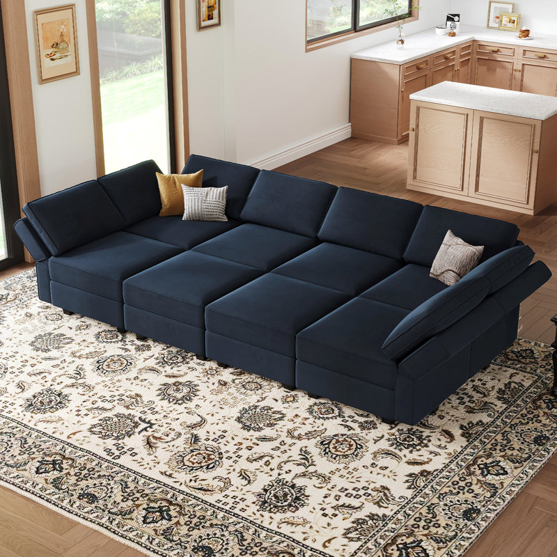 Grand canapé-lit modulaire réversible en velours de 116,6 po Wylodene, Velours bleu