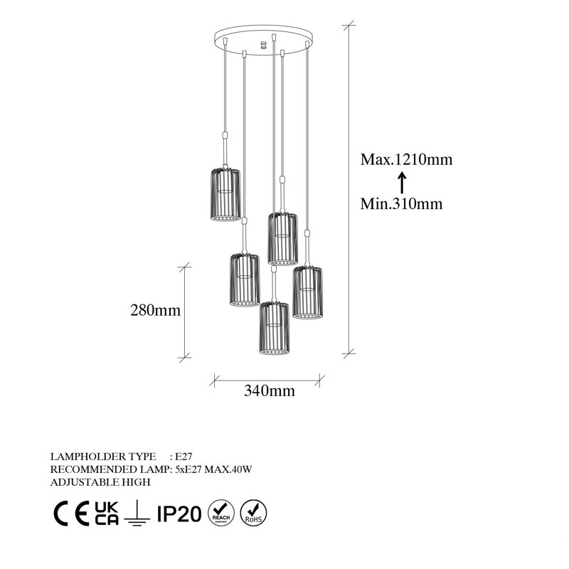 Luminaire suspendu cylindrique à 5 lumières, Noir