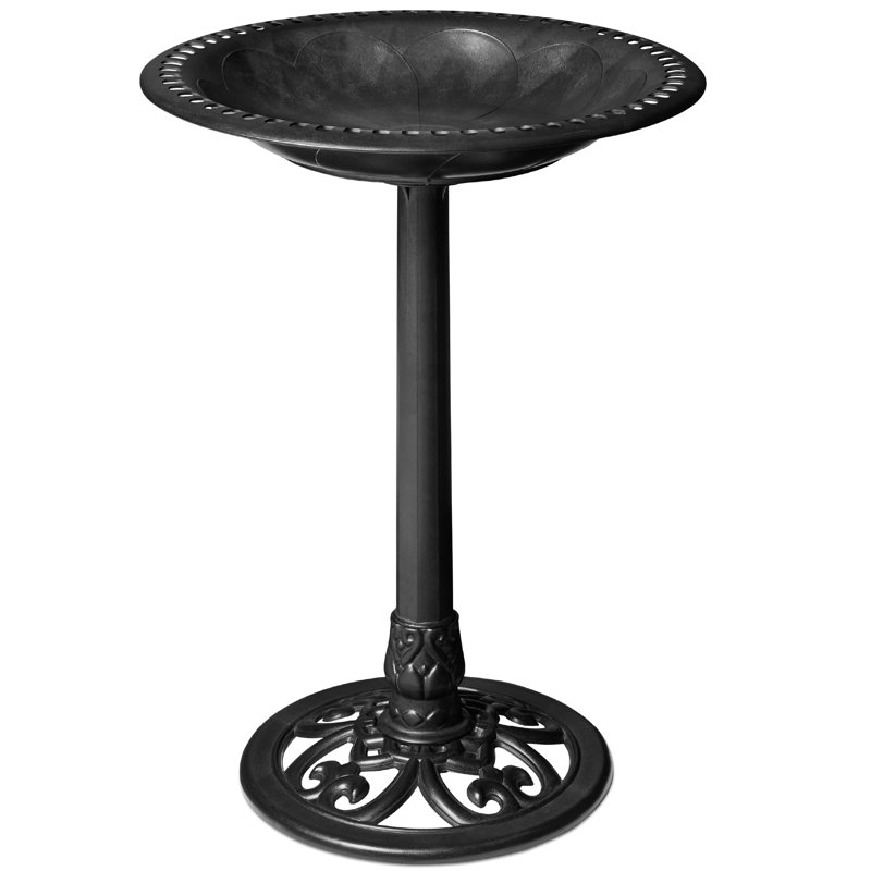Black Polyresin Outdoor Pedestal Bird Bath with Fleur-de-Lis Accents