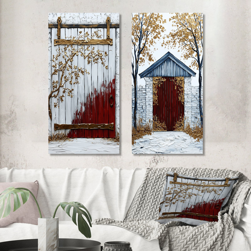 Ensemble de 2 pièces de porte de grange blanche décorée de beauté - I, H 32 po x l 32 po, Toile tendue sur cadre