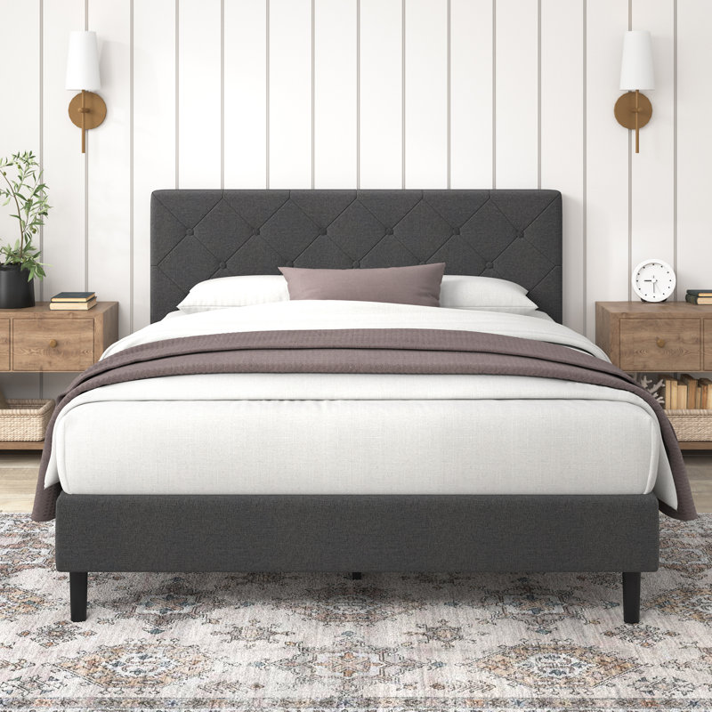 Ridley Upholstered Bed Frame with Button-Tufted Headboard, Kingsize (5')
