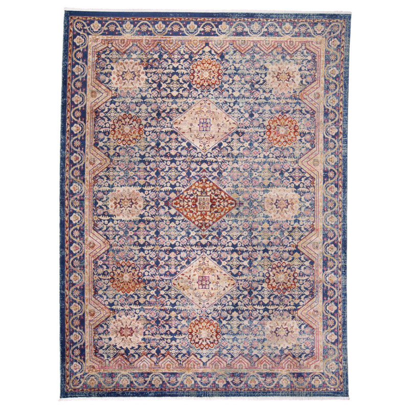 Tapis bleu marine/brun clair/rouge Borgen, Rectangle 9 pi 6 po x 12 pi 7 po