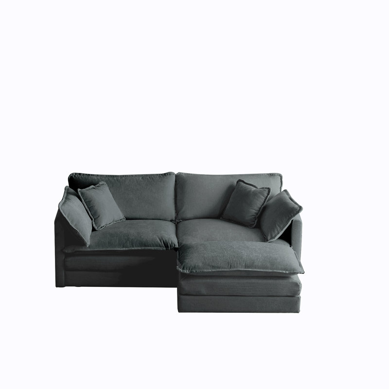 Canapé en chenille deux places avec repose-pieds, canapé modulaire en L avec repose-pieds 2 places, causeuse avec repose-pieds pour petit espace de vie, chenille grise