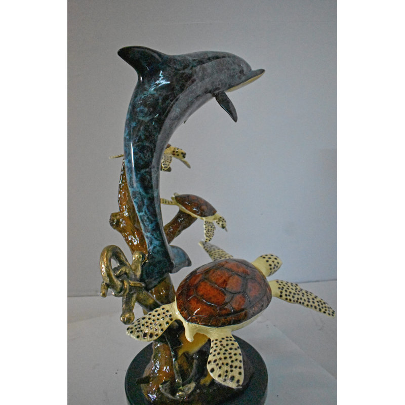 Dolphin With Three Turtles Bronze Statue Fountain - Size: 23"L X 22"W X 35"H.