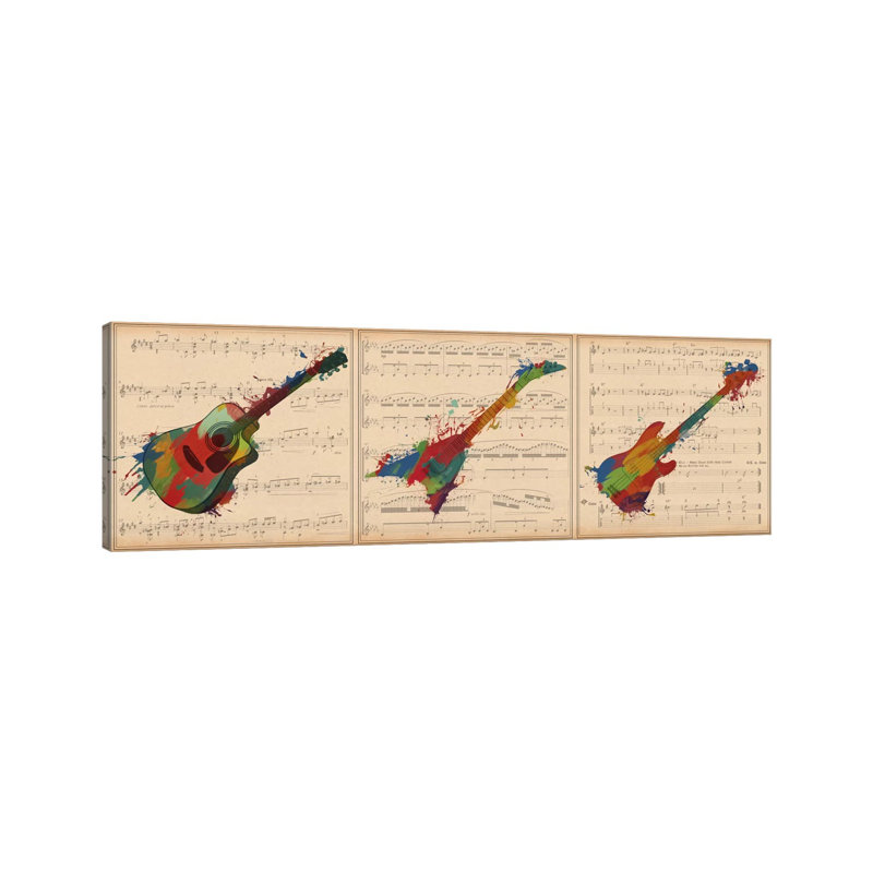 Multi-Color Guitar Trio: Acoustic Guitar, Electric Guitar, Bass Guitar Panoramic by Unknown Artist - Wrapped Canvas Panoramic Print