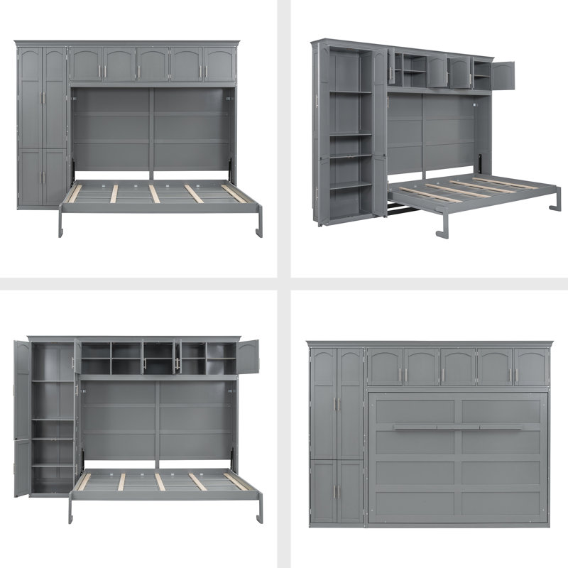 Grand lit escamotable mural avec armoires, gris