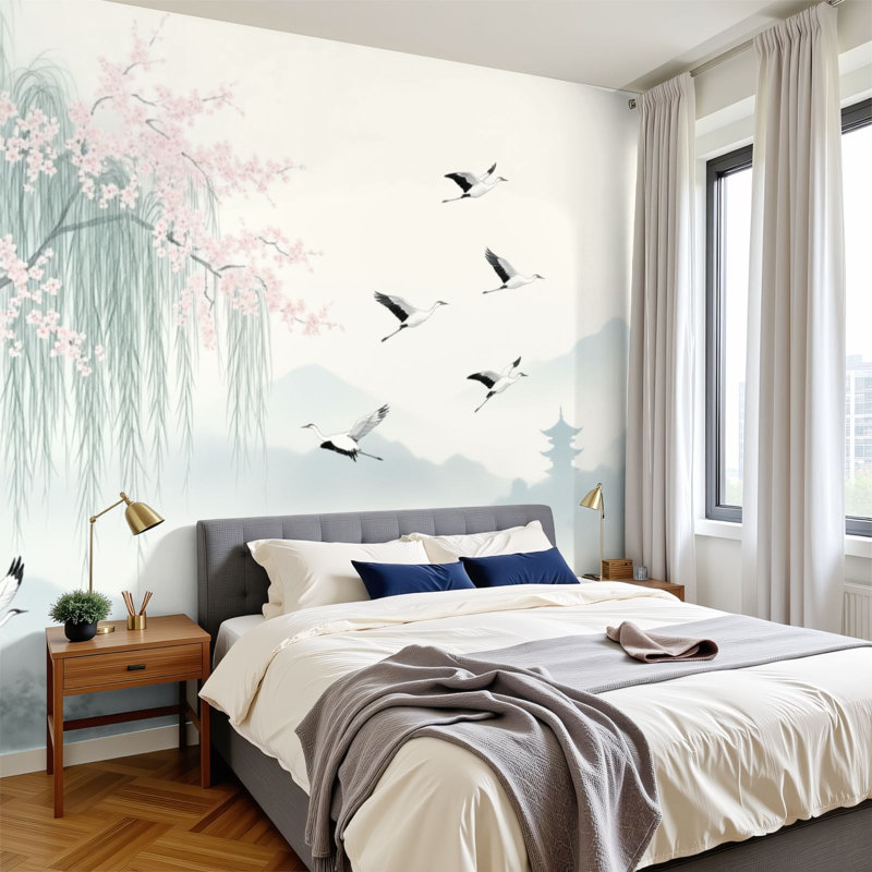 Papier peint adhésif Boho Graceful Cranes Misty Landscape Cherry Blossom Tree Wall Wallals, L 144 po x l 100 po