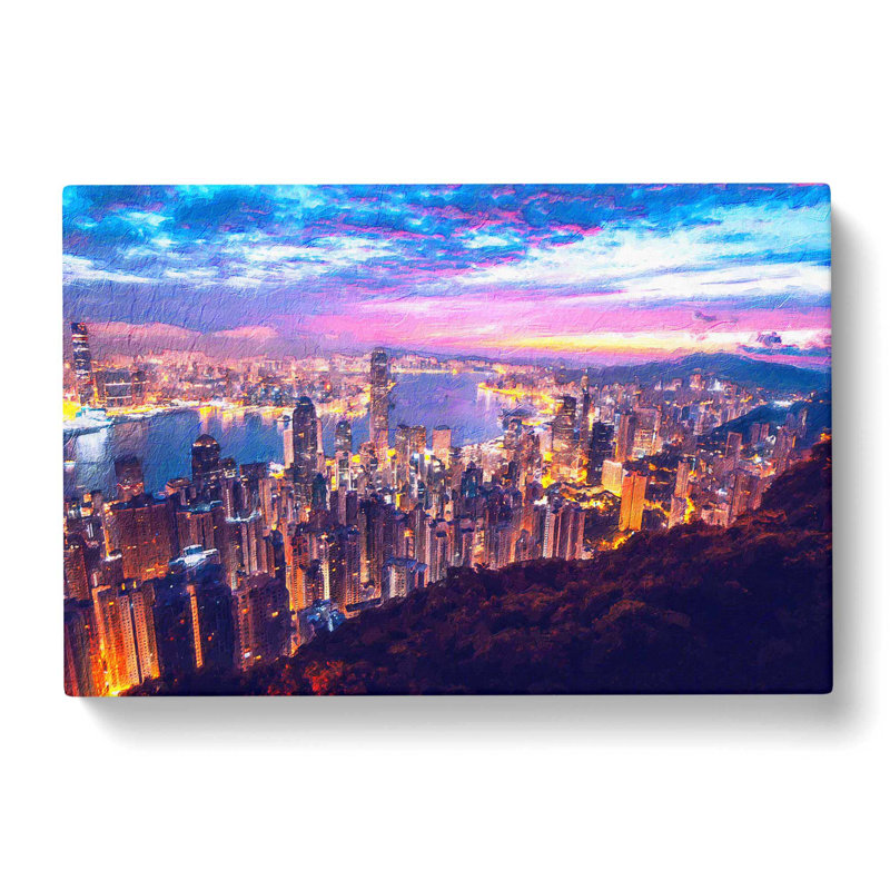 Hong Kong Skyline At Sunset - Wrapped Canvas Painting, 50cm H x 76cm W x 3cm D