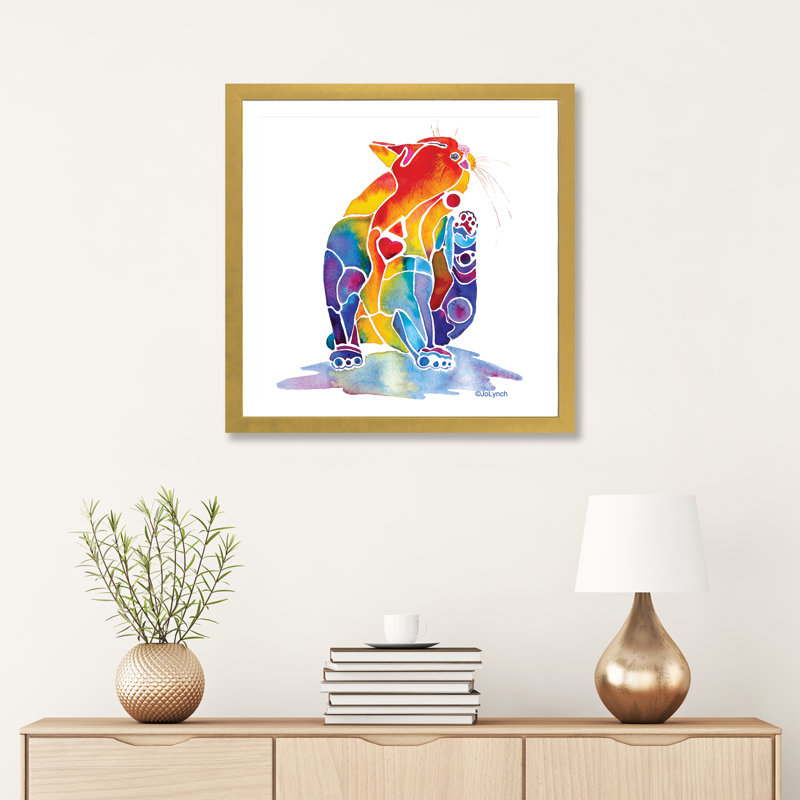 «Cat Love Cat» par Jo Lynch - impression d'art graphique, H 24 po x l 24 po x p 1 po, Papier encadré doré, Blanc