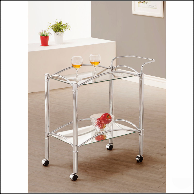 Chariot-bar moderne moderne en métal à 2 niveaux avec tablette chromée et roulettes pour un rangement élégant