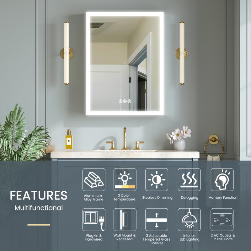 Recessed or Surface LED Mirror Medicine Cabinet, Defogger, Touch Sensor, 3 Colors, Dimmer, Outlets and USBs (Right Hinge)