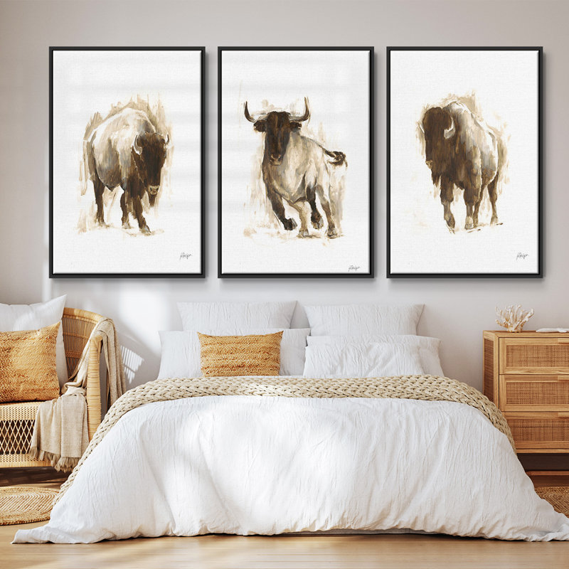 Rustic Bison I, ensemble de 3 toiles encadrées sur toile, Noir, H 36 po x l 72 po