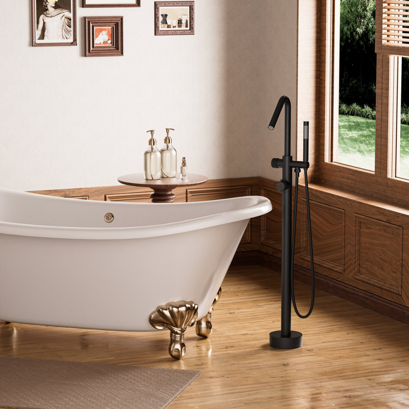 Single-Handle Floor Mount Tub Faucet With Hand Shower & Diverter Modern Outdoor/Indoor Thermostatic Faucet, Matte Black