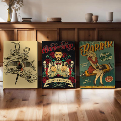 Ensemble de 3 affiches encadrées, style vintage, sur toile, avec outils classiques, représentant un barbier barbu et une pin-up. Parfait pour un salon de coiffure, un espace détente ou une décoration de barbier. Un cadeau original et unique pour votre intérieur.