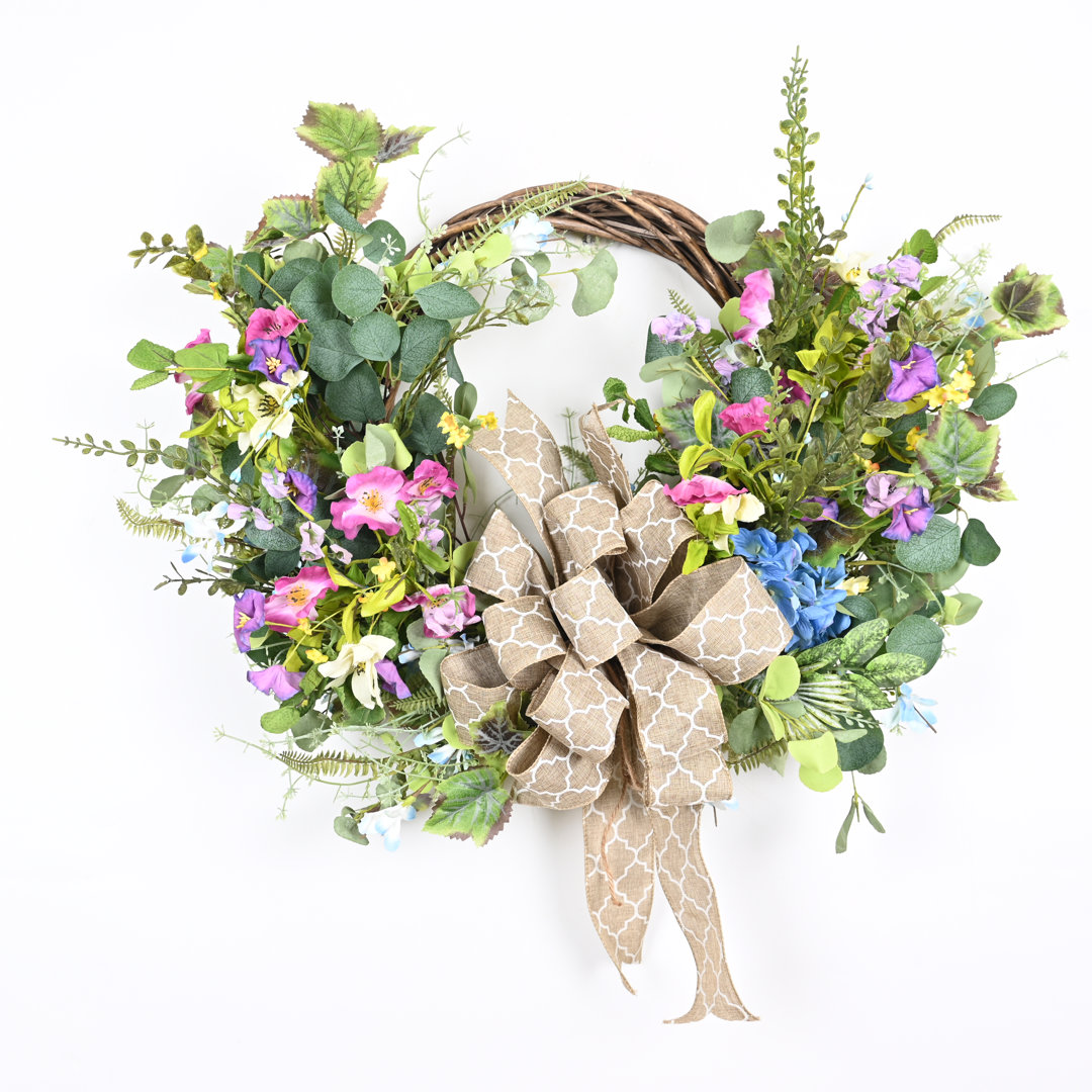 Handcrafted Faux Spring Summer 24'' Front Door Floral Wreath with Hello Sign Primrue