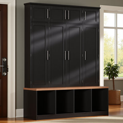 Farmhouse hall tree with 4 hidden hanging hooks, walnut seating bench with 8 doors, entryway shoe cabinet with open compartment, black