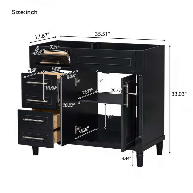 Meuble-lavabo de salle de bain 36 po sans lavabo, armoire de rangement autoportante avec 2 tiroirs et un tiroir basculant, meuble-lavabo avec cadre en bois massif seulement, tablette réglable en hauteur