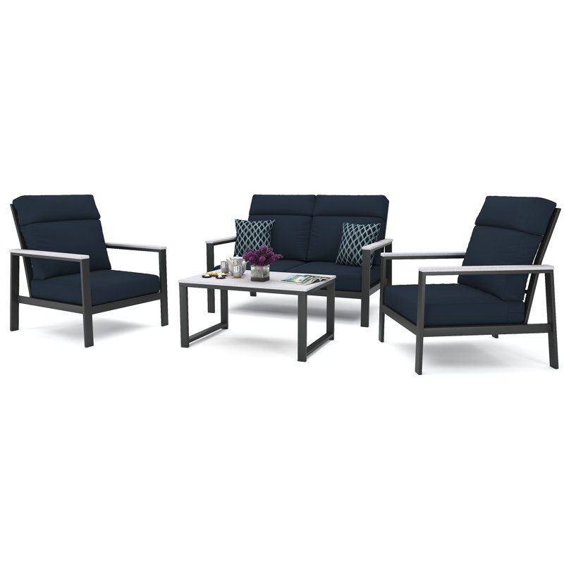 Ensemble de conversation pour 4 personnes avec coussins Sunbrella® Mehar, Toile bleu marine, Gris foncé / Blanc
