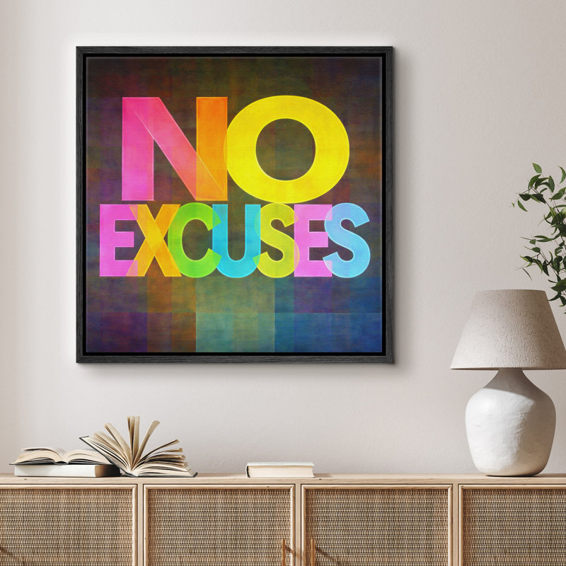 Œuvre d'art typographique colorée «No Excuses», citation inspirante moderne, impression sur toile encadrée, H 24 po x l 24 po