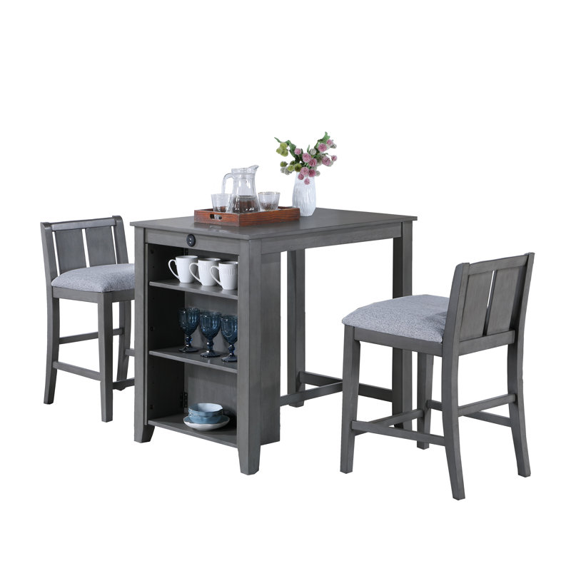3-Piece Grey Finish Small Space Counter Height Dining Table with Shelves and 2 Chairs