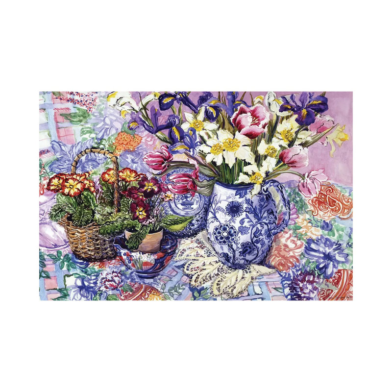 Daffodils, Tulips And Iris In A Jacobean Blue And White Jug With Sanderson Fabric And Primroses, 2012 by Joan Thewsey - Wrapped Canvas Print