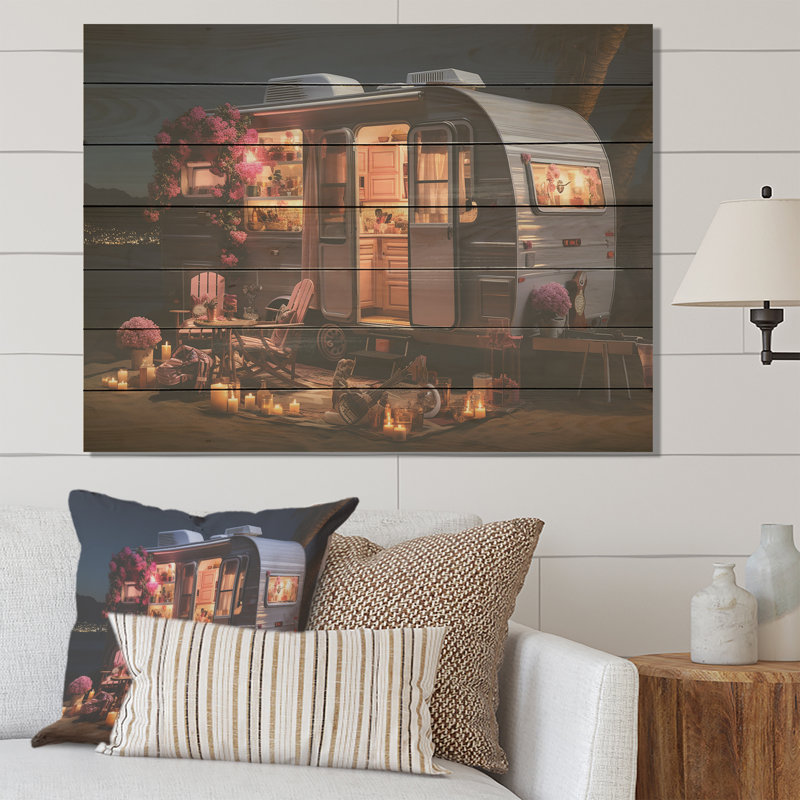 «Pink Camping Van Desert Getaway II» - Impression de voyage sur bois, H 10 po x l 20 po x P 0,78 po