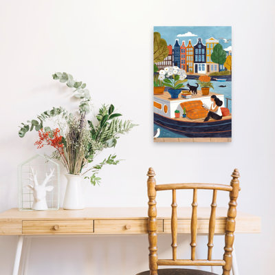 " Amsterdam City Life On A Boat Colourful Peaceful Vibrant Cat Autumn City Wall Art Print " by Caroline Bonne Muller