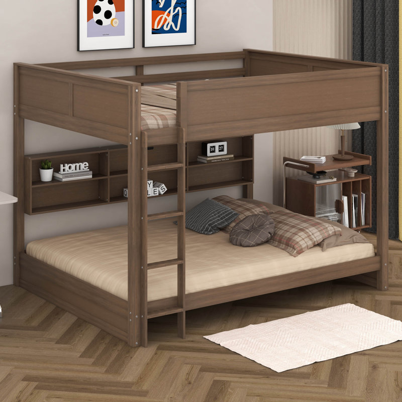  Lit superposé au-dessus de grand lit Kalenna avec armoires de rangement et ports USB, Bois antique