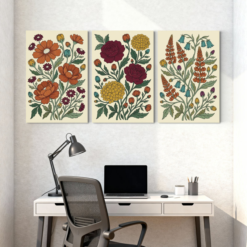 Plantes et fleurs, motif floral avec couleurs vives et feuilles détaillées, ensemble de 3 impressions murales sur toile