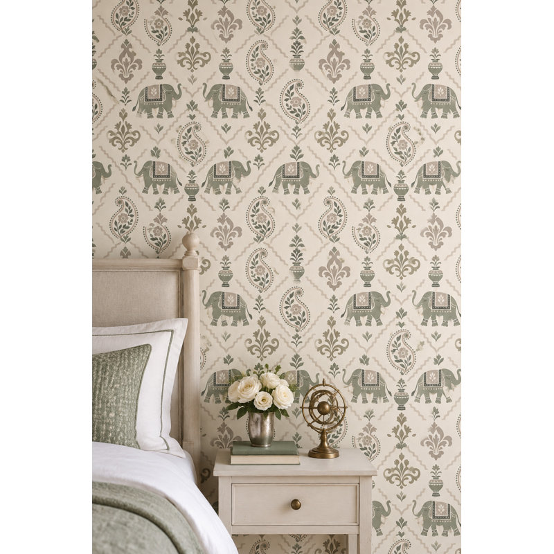Papier peint d'éléphants à motif floral cachemire, fond vert sauge et ivoire, Peel and Stick