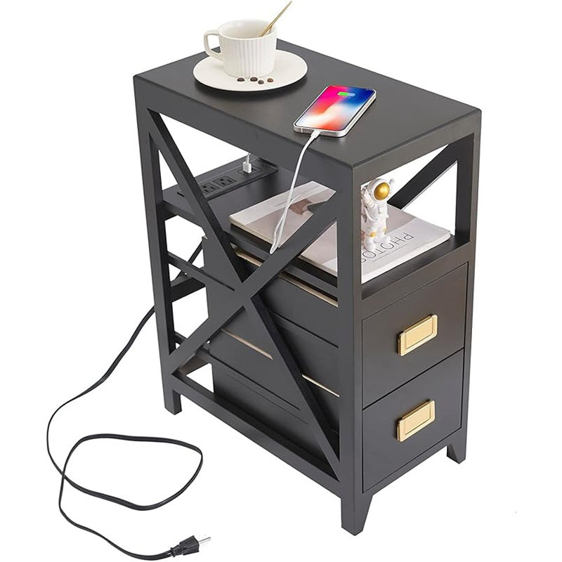 Black Narrow Side Table with USB Ports and Brass Handles