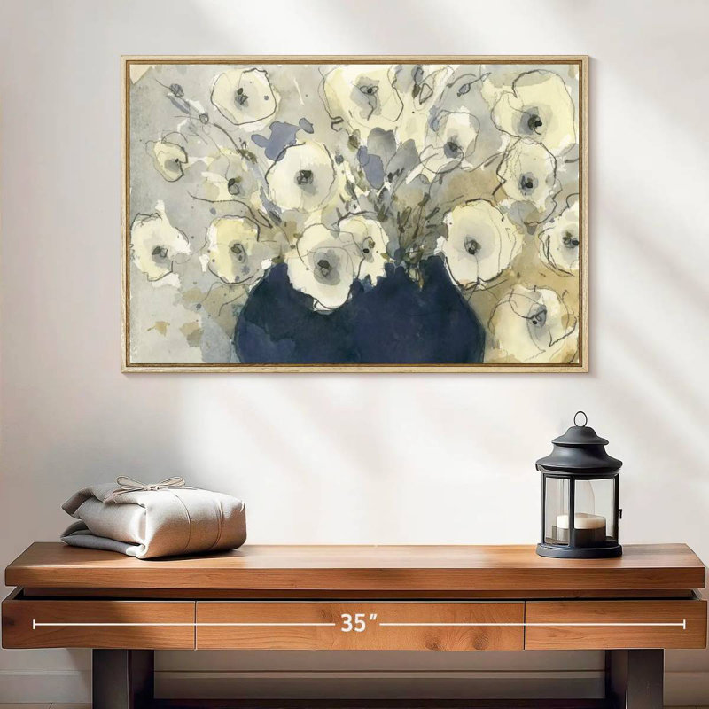 Étude de fleurs blanches I, 25 po x 17 po, Cadre flottant en bois naturel